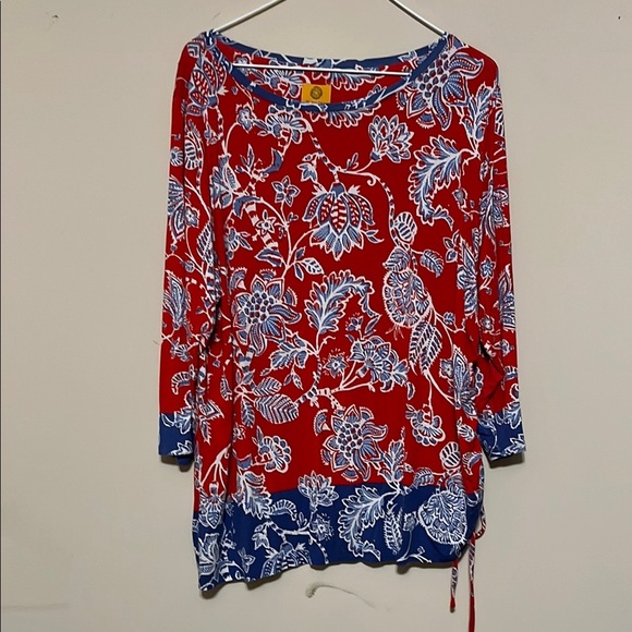 Ruby Rd Red and Blue 3/4 Sleeve Tunic with side tie, sz 1x - Picture 1 of 7